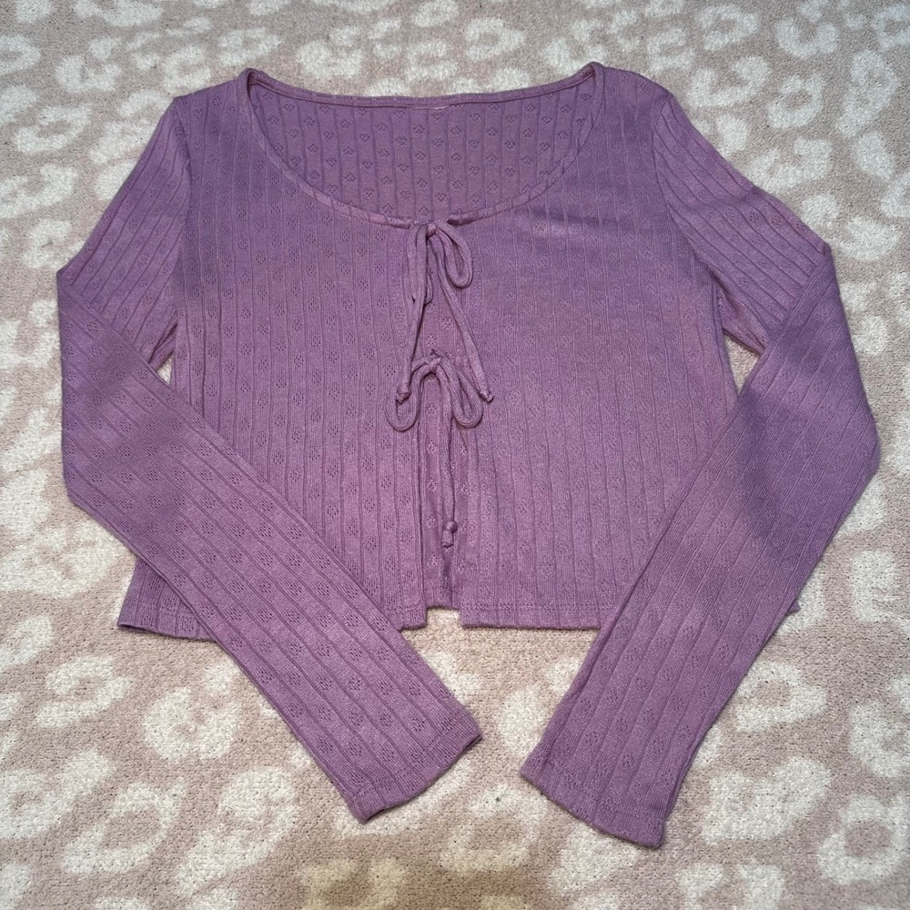 Purple‎ Tie Front Pointelle Ribbed Cardigan Top Small